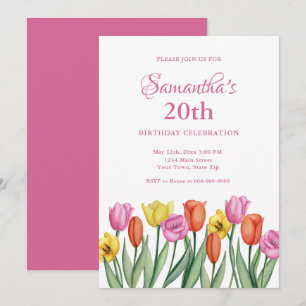 Watercolor Tulips 20th Birthday  Invitation