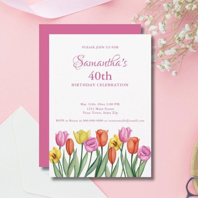 Watercolor Tulips 40th Birthday Party Invitation (Creator Uploaded)