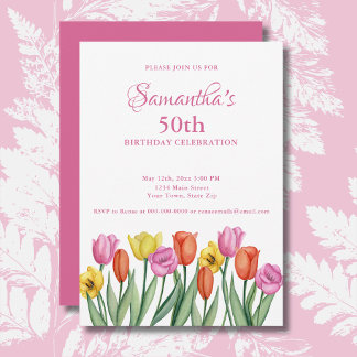 Watercolor Tulips 50th Birthday Party Invitation