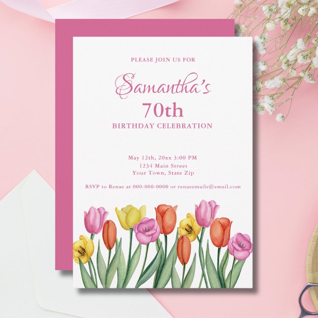 Watercolor Tulips 70th Birthday Party Invitation (Creator Uploaded)