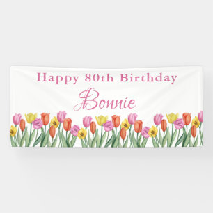 Watercolor Tulips 80th Birthday Party Banner