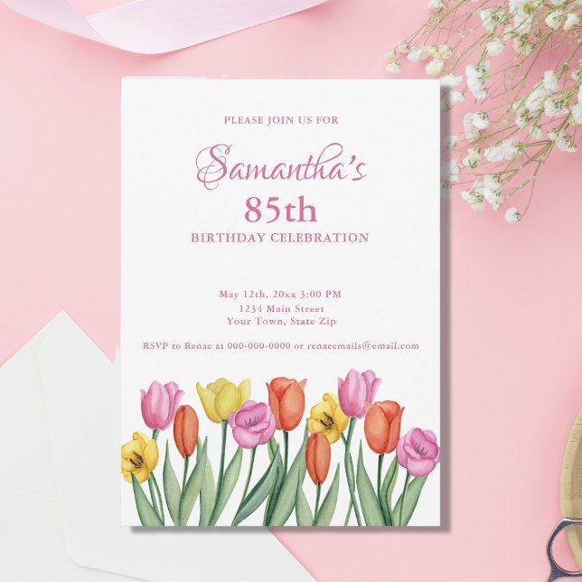 Watercolor Tulips 85th Birthday Party Invitation (Creator Uploaded)