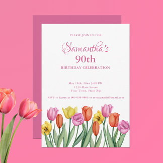 Watercolor Tulips 90th Birthday Party Invitation