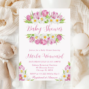 Watercolor Tulips and Daffodils Baby Shower Invitation