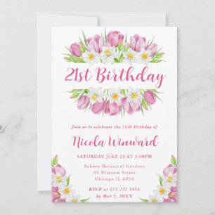 Watercolor Tulips and Daffodils Frame Birthday Invitation