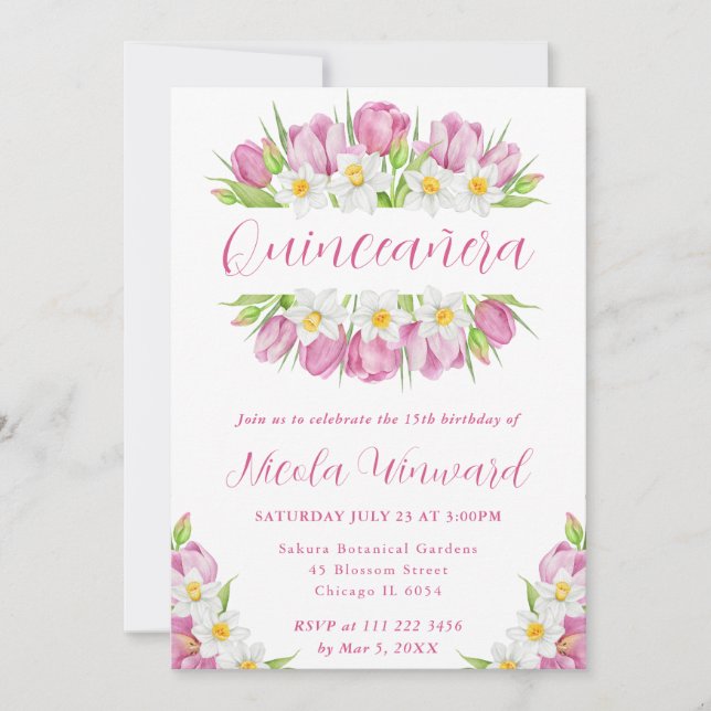 Watercolor Tulips and Daffodils Frame Quinceanera Invitation (Front)