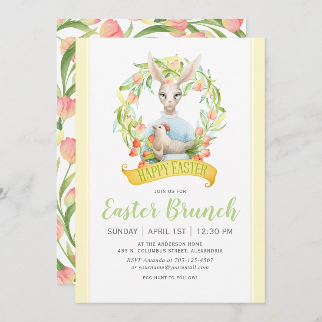 Watercolor Tulips and Rabbit Easter Brunch Invitation (Front/Back)