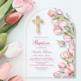 Watercolor Tulips Arch Baptism Acrylic Invitations
