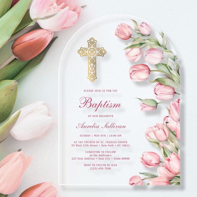 Watercolor Tulips Arch Baptism Acrylic Invitations (Creator Uploaded)