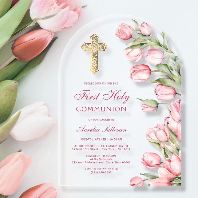 Watercolor Tulips Arch First Communion Acrylic Invitations (Creator Uploaded)