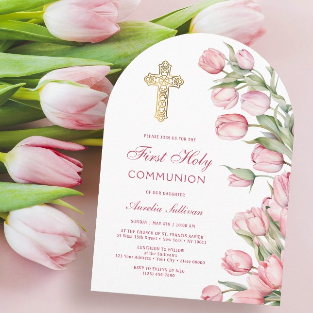 Watercolor Tulips Arch First Communion Invitation (Creator Uploaded)