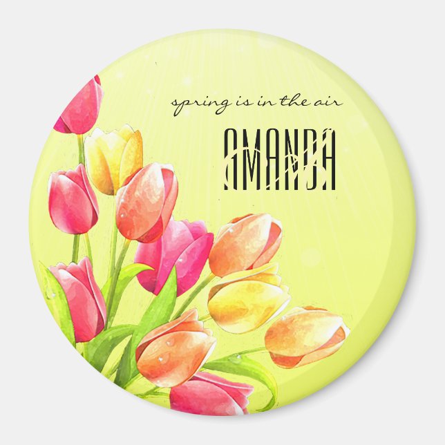 Watercolor Tulips Bouquet Monogram Magnet (Front)