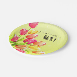 Watercolor Tulips Bouquet Monogram Paper Plate