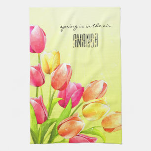 Watercolor Tulips Bouquet Monogram Tea Towel