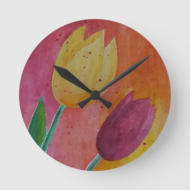 Watercolor tulips design round clock (Front)