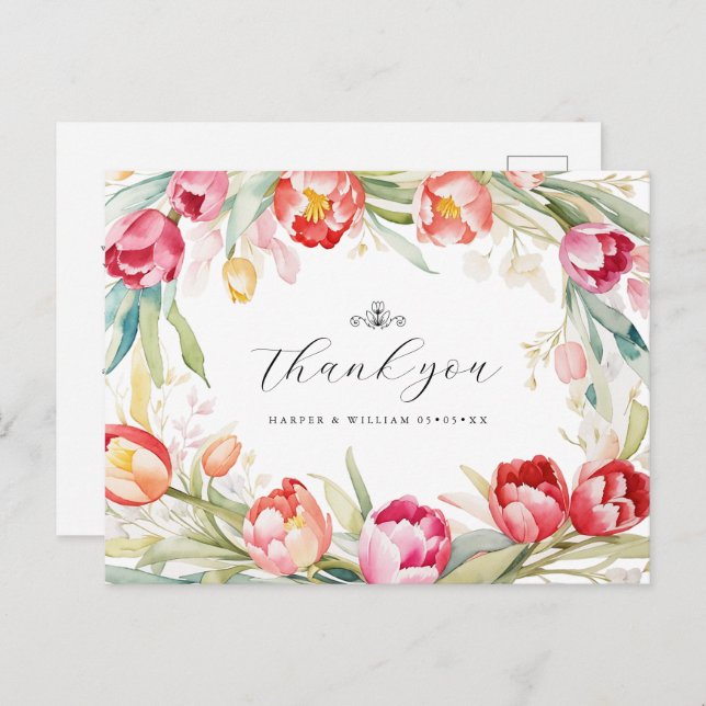 watercolor tulips frame wedding thank you postcard (Front/Back)