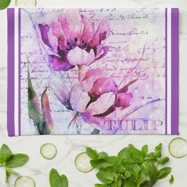 Watercolor tulips  kitchen towel (Folded)