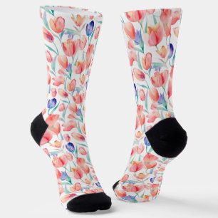 Watercolor Tulips Pattern Crew Socks
