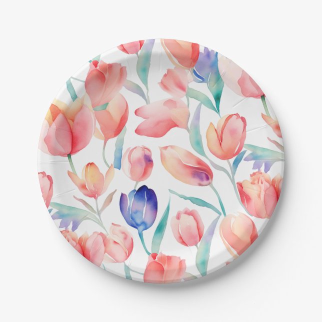 Watercolor Tulips Pattern Paper Plates (Front)