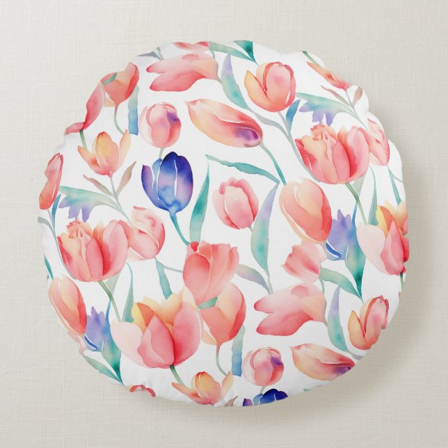 Watercolor Tulips Pattern Round Pillow (Front)