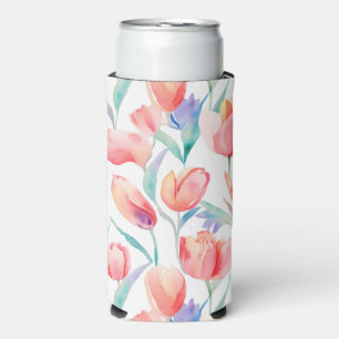 Watercolor Tulips Pattern Slim Can Cooler