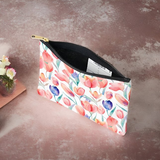 Watercolor Tulips Pattern Small Accessory Pouch (Carry everyday essentials in style with this tulip pouch. 🌷 #FloralChic)