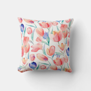 Watercolor Tulips Pattern Square Throw Pillow