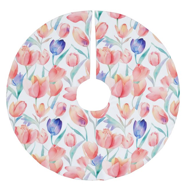 Watercolor Tulips Pattern Tree Skirt (Front)