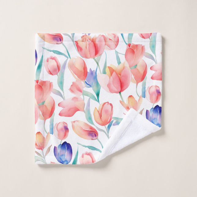Watercolor Tulips Pattern Wash Cloth Towel (Wash Cloth)