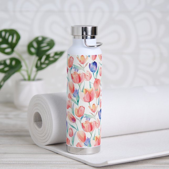Watercolor Tulips Pattern Water Bottle (Yoga)