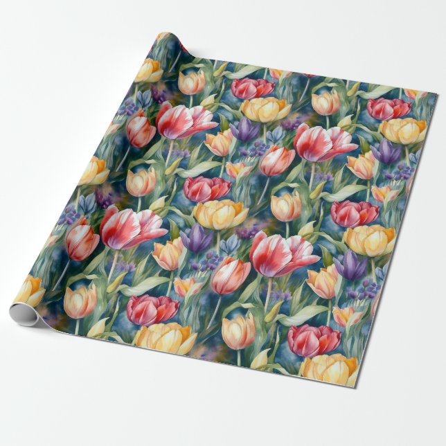 Watercolor Tulips (Vivid) Wrapping Paper (Unrolled)
