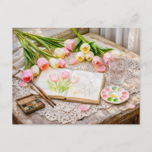 Watercolor Tulips with Brushes and Creative Vintag Postcard