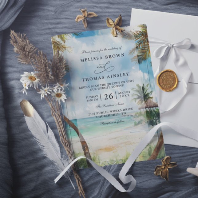 Watercolor Tulum Tropical Beach QR Code Wedding Invitation (Creator Uploaded)