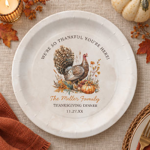 Watercolor Turkey Thanksgiving Dinner Family Name Paper Plate