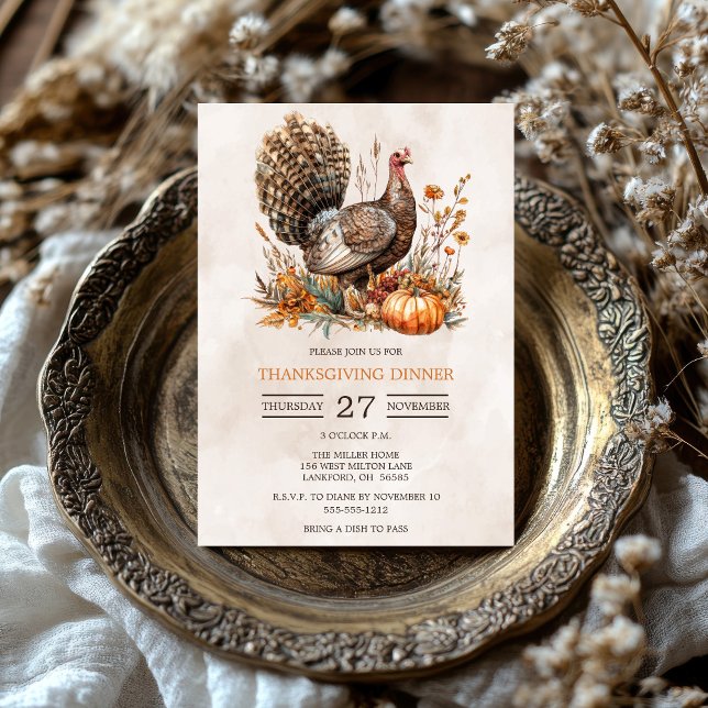 Watercolor Turkey Thanksgiving Dinner  Invitation (Watercolor Turkey Thanksgiving Dinner Invitation)