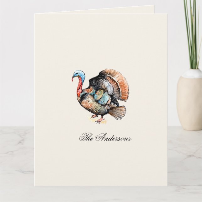 Watercolor Turkey Thanksgiving Folded  Thank You Card (Front)