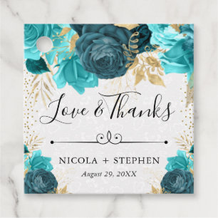Watercolor Turquoise and Gold Flowers Wedding Favour Tags
