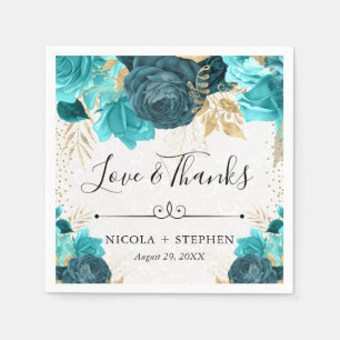 Watercolor Turquoise and Gold Flowers Wedding Napkin