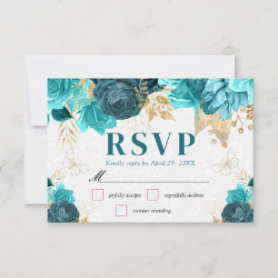 Watercolor Turquoise and Gold Flowers Wedding RSVP Card
