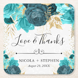 Watercolor Turquoise and Gold Flowers Wedding Square Paper Coaster