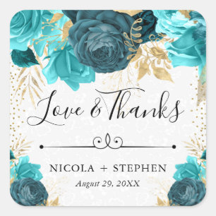 Watercolor Turquoise and Gold Flowers Wedding Square Sticker