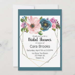 Watercolor Turquoise Blue Purple Floral Gold Frame Invitation