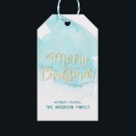Watercolor Turquoise Blue Water Christmas Gold Gift Tags<br><div class="desc">Lovely modern watercolor blue aqua turquoise water beach colours with faux glitter Merry Christmas in script letters. Personalise them by adding family name. Perfect for envelopes,  cards,  invitations,  gifts,  favours... .</div>