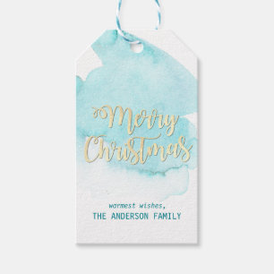 Watercolor Turquoise Blue Water Christmas Gold Gift Tags