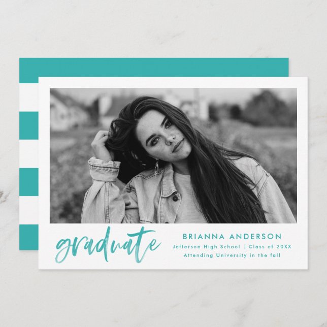 Watercolor Turquoise Brush Script Graduation Party Invitation (Front/Back)