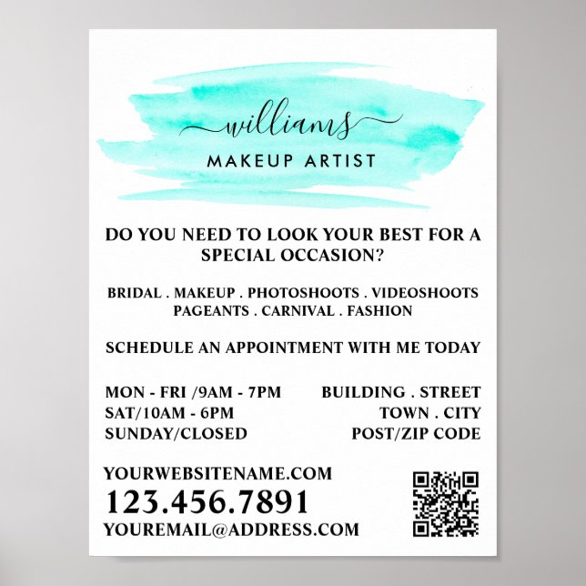 Watercolor Turquoise Brushstroke Makeup Artist Poster (Front)