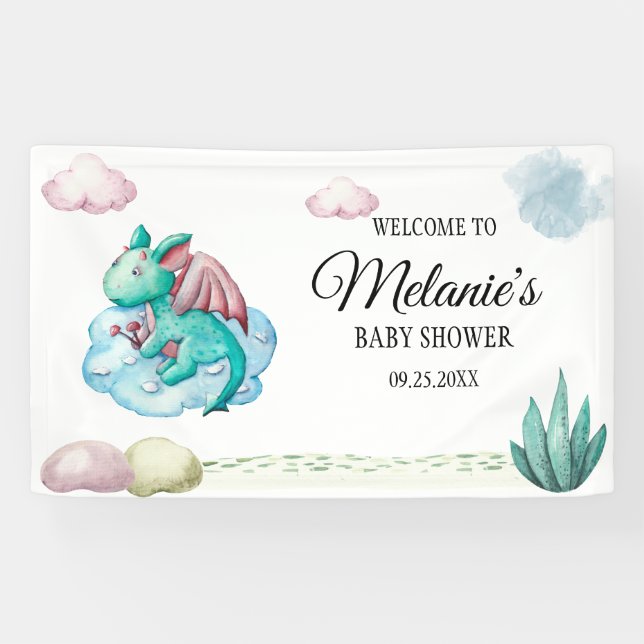WATERCOLOR TURQUOISE DRAGON ON A CLOUD BABY SHOWER BANNER (Horizontal)