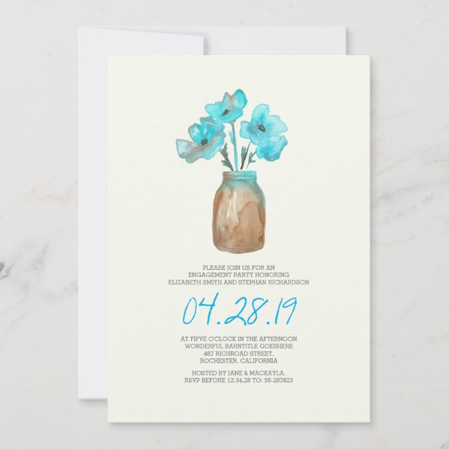 watercolor turquoise floral engagement party invitation (Front)