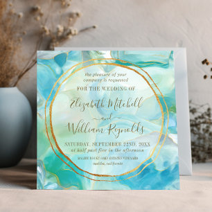 Watercolor Turquoise Gemstone   Gold Rings Wedding Invitation