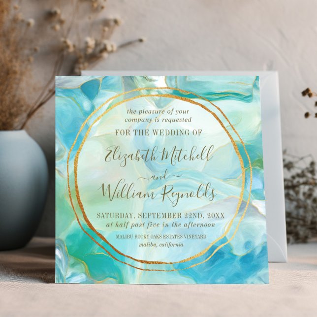 Watercolor Turquoise Gemstone | Gold Rings Wedding Invitation (Creator Uploaded)